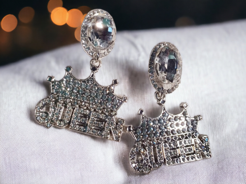 Handmade rhinestone Queen statement clip on hoop earrings Kargo Fresh