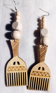 Handmade unfinshed Wooden Afro Pick Earrings Kargo Fresh