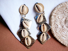 Load image into Gallery viewer, Handmade wood and cowrie clip on earrings Kargo Fresh
