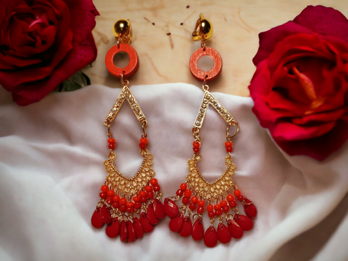 Handmade wood and rhinestone Red tassel clip on earrings Kargo Fresh