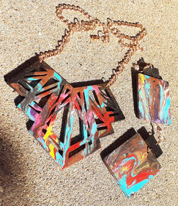 Handpainted Abstract Wooden Collar Necklace And Earrings Set Kargo Fresh