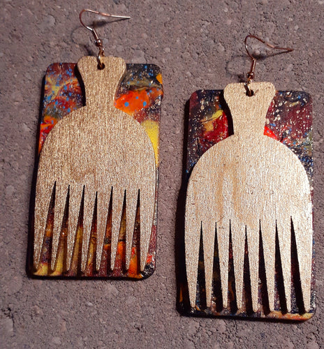 Handpainted Afrocentric afro comb wooden Earrings Kargo Fresh