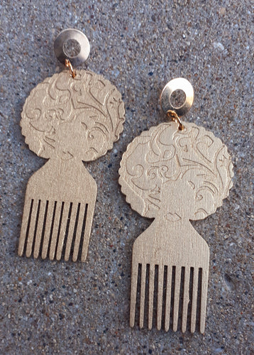 Handpainted Afrocentric afro comb wooden Earrings Kargo Fresh