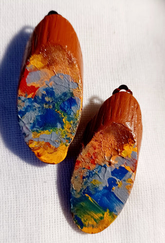 Handpainted Chunky handmade wooden clip on stud earrings Kargo Fresh