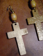 Load image into Gallery viewer, Handpainted Gold Wooden Cross Dangle Earrings Kargo Fresh
