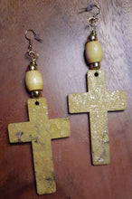 Load image into Gallery viewer, Handpainted Gold Wooden Cross Dangle Earrings Kargo Fresh
