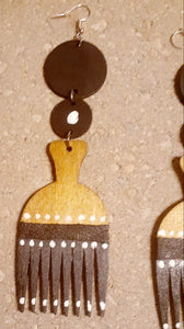 Handpainted Wood and Leather Afro Pick Earrings Kargo Fresh