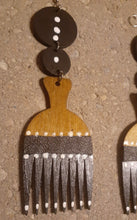 Load image into Gallery viewer, Handpainted Wood and Leather Afro Pick Earrings Kargo Fresh
