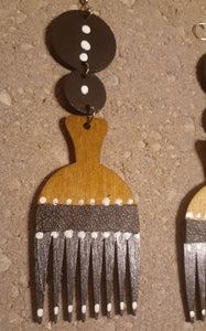 Handpainted Wood and Leather Afro Pick Earrings Kargo Fresh
