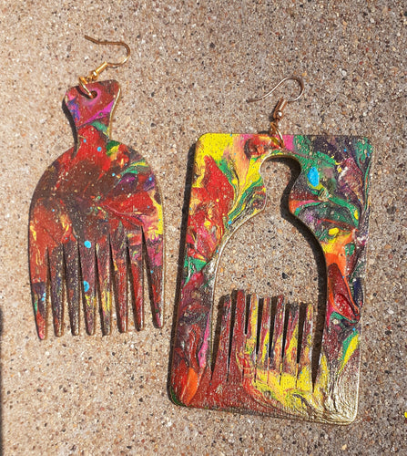 Handpainted large Wooden Asymmetric Afro Pick Earrings Kargo Fresh