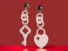 Load image into Gallery viewer, Heart and Key acrylic pop art clip on earrings Kargo Fresh
