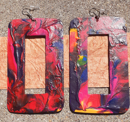 Large Abstract handpainted Wooden Square Earrings Kargo Fresh