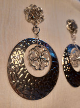 Load image into Gallery viewer, Large Abstract silver  Metal flower hoop Clip On Earrings Kargo Fresh
