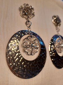 Large Abstract silver  Metal flower hoop Clip On Earrings Kargo Fresh