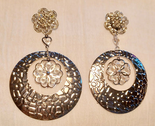 Large Abstract silver  Metal flower hoop Clip On Earrings Kargo Fresh