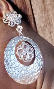 Large Abstract silver  Metal flower hoop Clip On Earrings Kargo Fresh