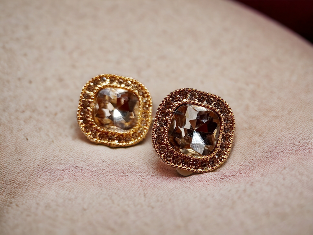 Large Clip on Rhinestone Cluster  Stud Earrings gold Kargo Fresh