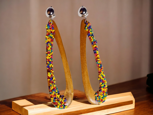 Large Handmade hand beaded Wooden Clip Earrings Kargo Fresh