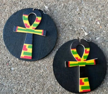 Load image into Gallery viewer, Large Kente Print Layered Ankh Dangle Earrings Kargo Fresh
