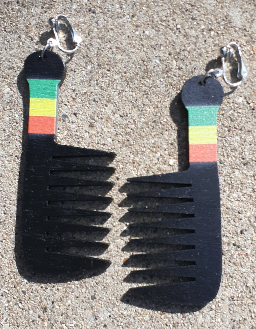 Large afrocentric themed wooden Clip On Afro Comb Earrings Kargo Fresh