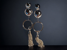 Load image into Gallery viewer, Large avant gard silver hoop and chain clip on earrings Kargo Fresh
