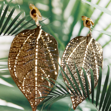 Load image into Gallery viewer, Large gold metal clip on leaf earrings Kargo Fresh
