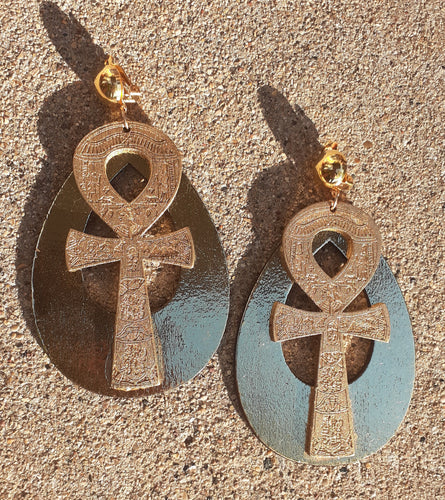 Large golden Handpainted Clip On Ankh Hoop Earrings Kargo Fresh