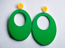 Load image into Gallery viewer, Large handmade Bright green  wooden hoop earrings Kargo Fresh
