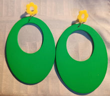 Load image into Gallery viewer, Large handmade Bright green  wooden hoop earrings Kargo Fresh
