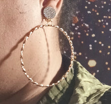 Load image into Gallery viewer, Medium sized Gold Blingy  Clip on Hoop Earrings 3 inch Kargo Fresh
