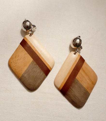 Natural Tri Color Wood Clip On Earrings Kargo Fresh