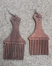 Load image into Gallery viewer, Natural Wood Black Fist Afro Pick Earrings Kargo Fresh
