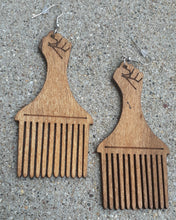 Load image into Gallery viewer, Natural Wood Black Fist Afro Pick Earrings Kargo Fresh
