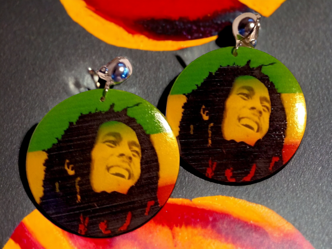 Unique Natural Wood Bob Marley Clip On Earrings
