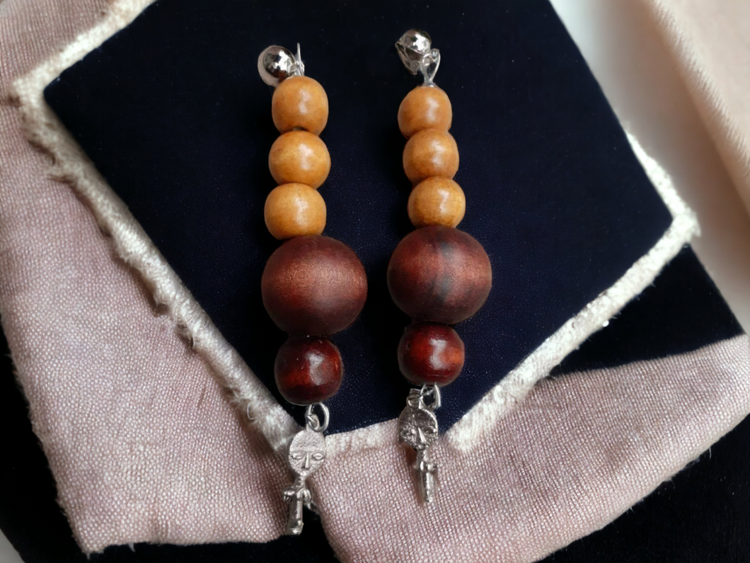 Clip On Chunky Handmade Wooden Bead and Asante Charm Earrings