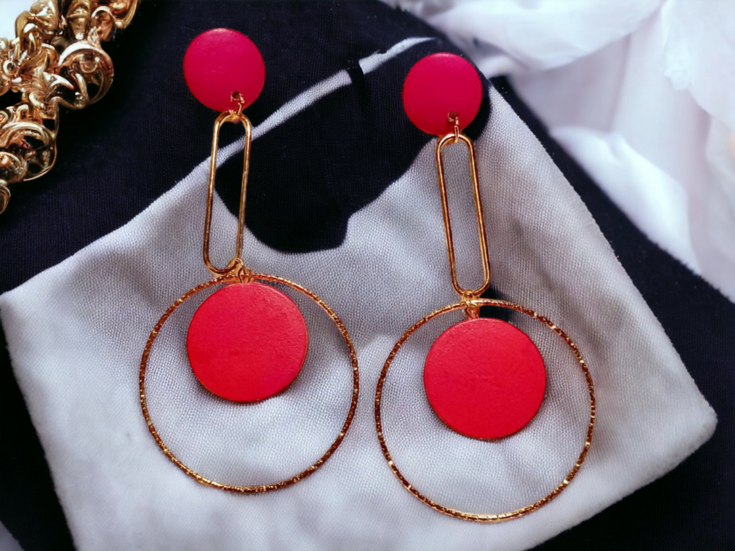 Handmade wood and metal hoop clip on earrings pink