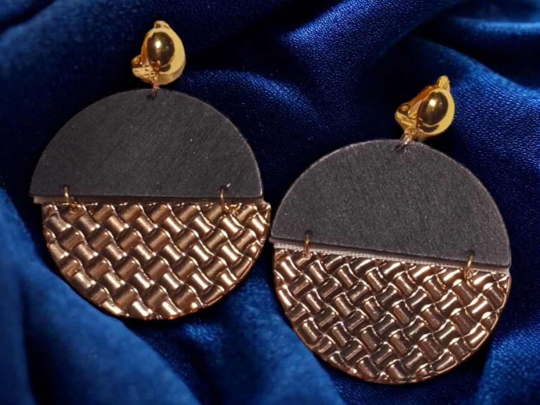 Hammered metal and wood  Clip Earrings