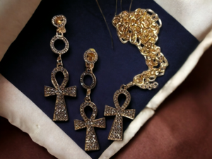 Clip on Gold Metal and Rhinestone Ankh Clip On  Earrings and necklace set