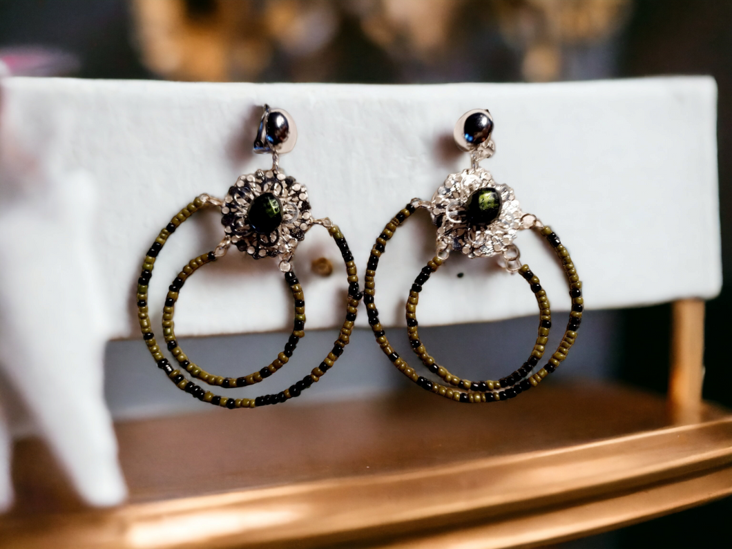 Boho beaded hoop earrings clip on