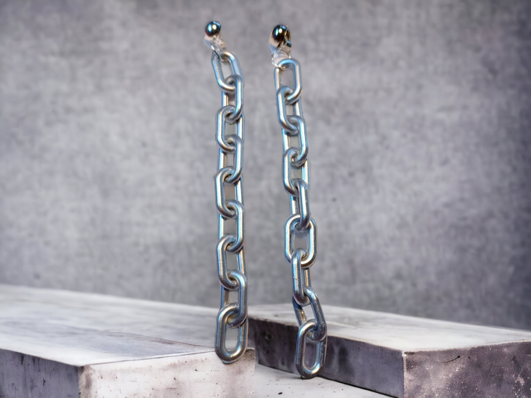 Extra long acrylic chain clip on earrings silver