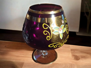 Large Vintage Amethyst Glass Brandy Snifter W Gold Trim & Hand Painted Flowers