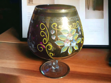 Load image into Gallery viewer, Large Vintage Amethyst Glass Brandy Snifter W Gold Trim &amp; Hand Painted Flowers
