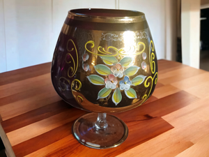 Large Vintage Amethyst Glass Brandy Snifter W Gold Trim & Hand Painted Flowers