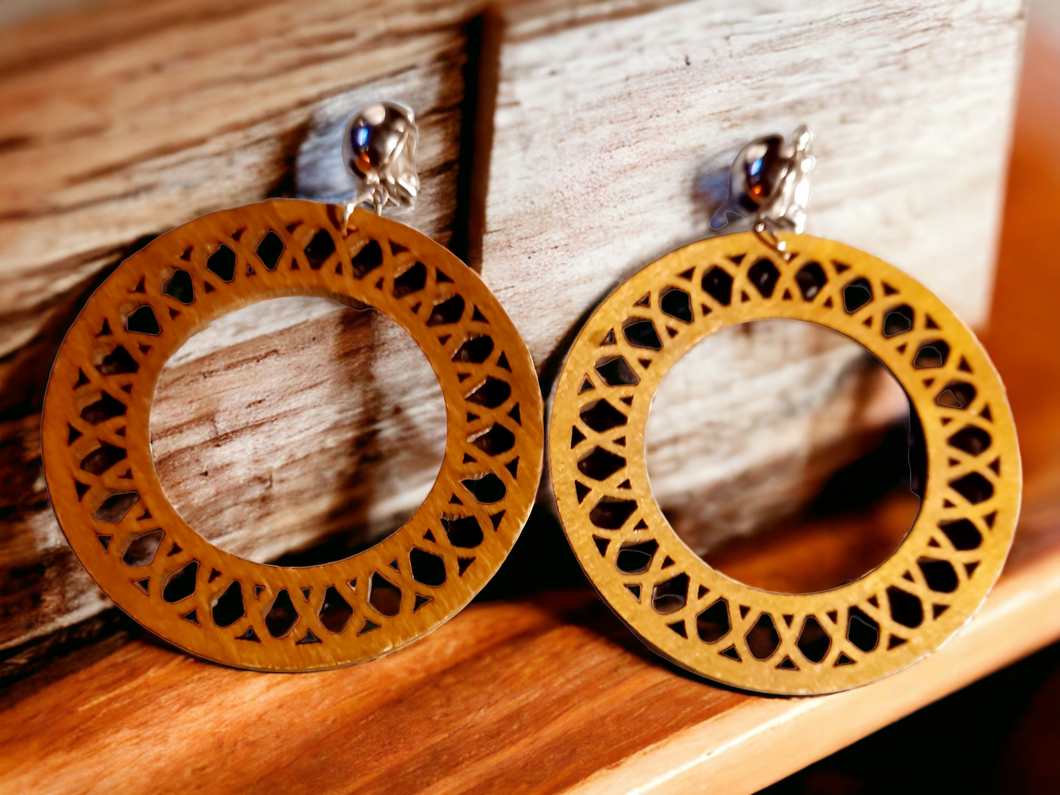 Abstract boho wooden hoop clip on earrings