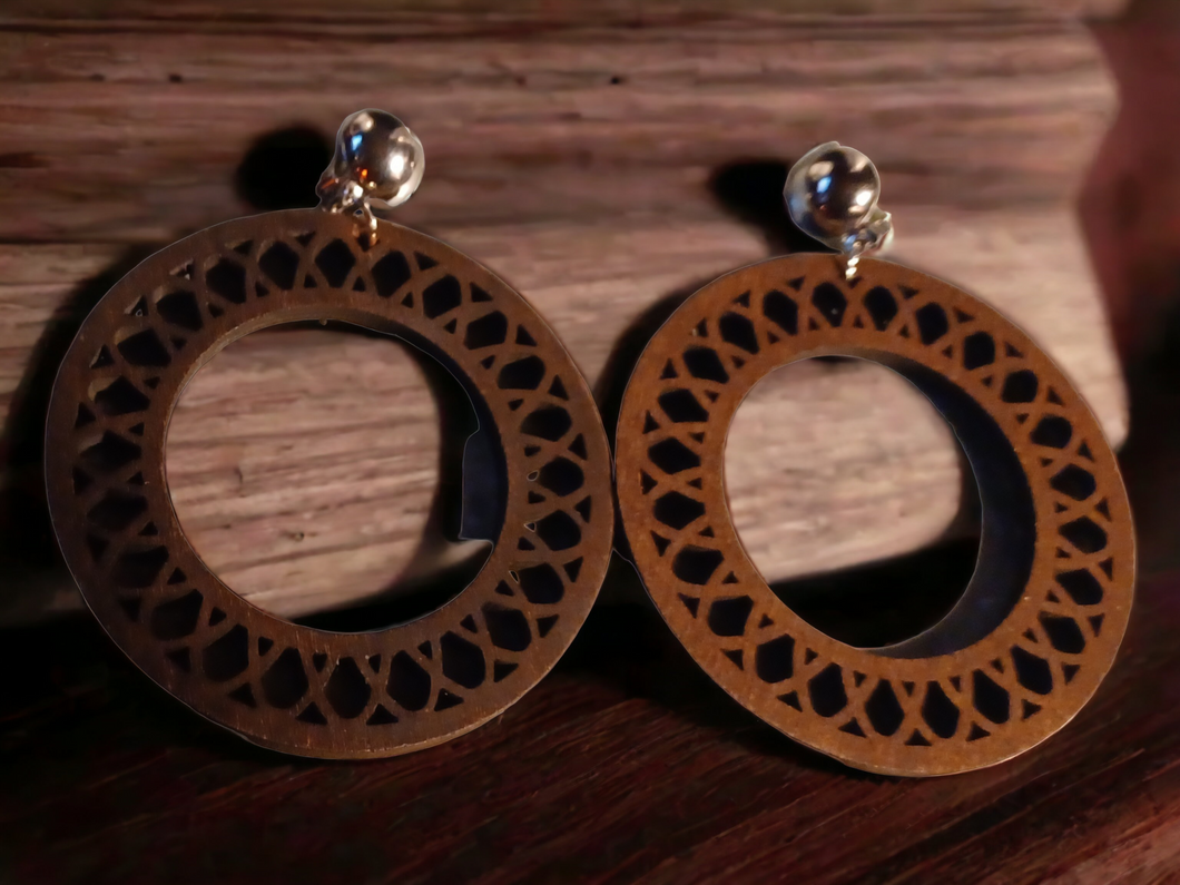 Abstract boho wooden hoop clip on earrings