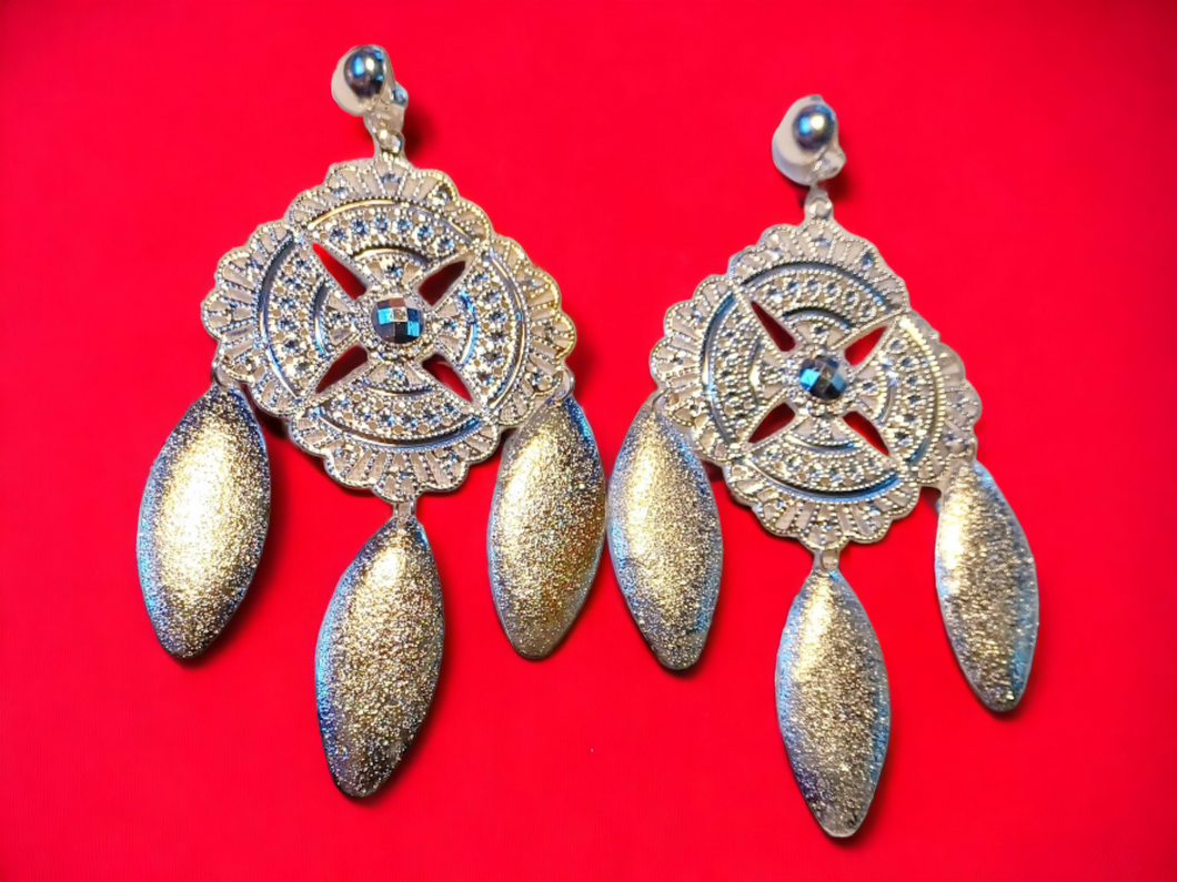 Hammered Dream catcher Clip on Earrings 4 inch silver