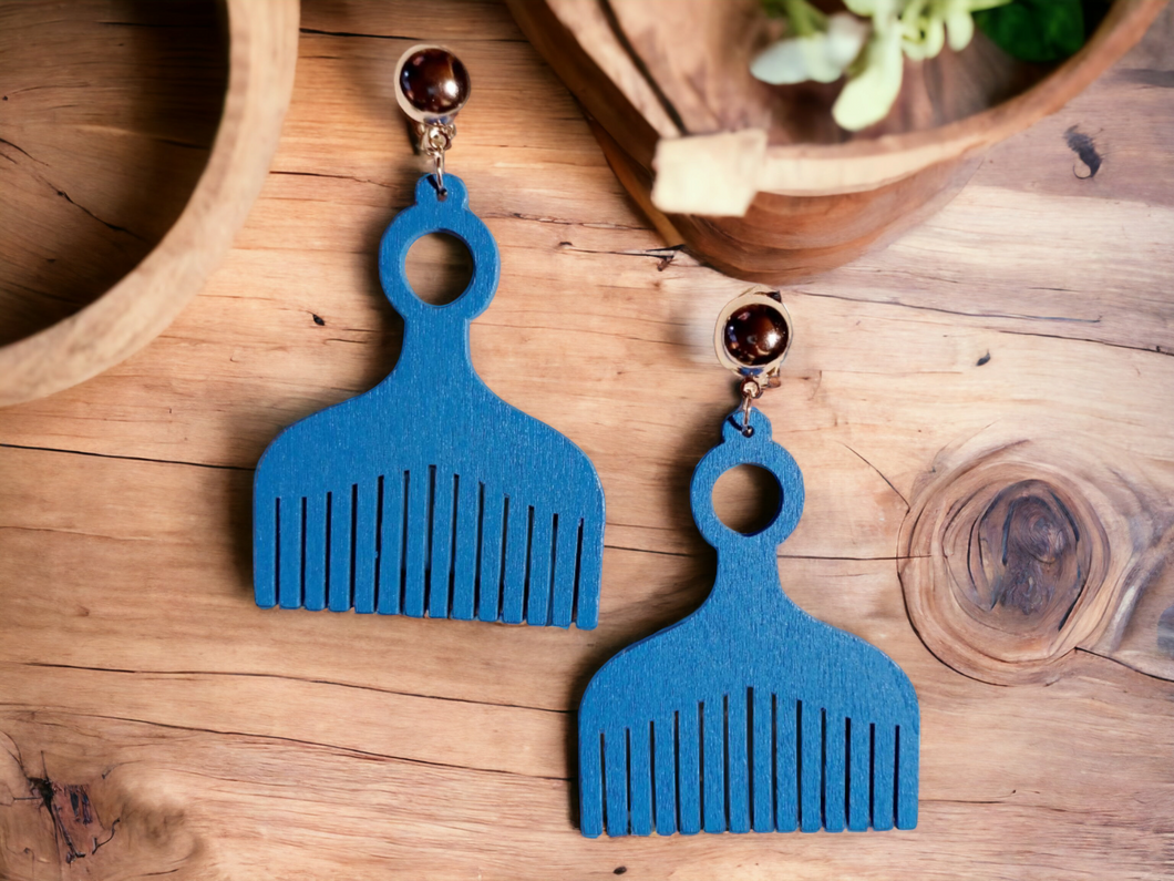 Clip On Wooden Afro pick Earrings