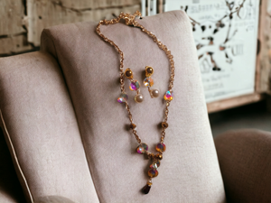 Handmade crystal bead Lariat Necklace and clip on earrings