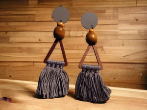 Handmade wood and yarn Tassel Clip On earrings