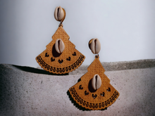 Load image into Gallery viewer, Handmade boho wood and cowrie earrings
